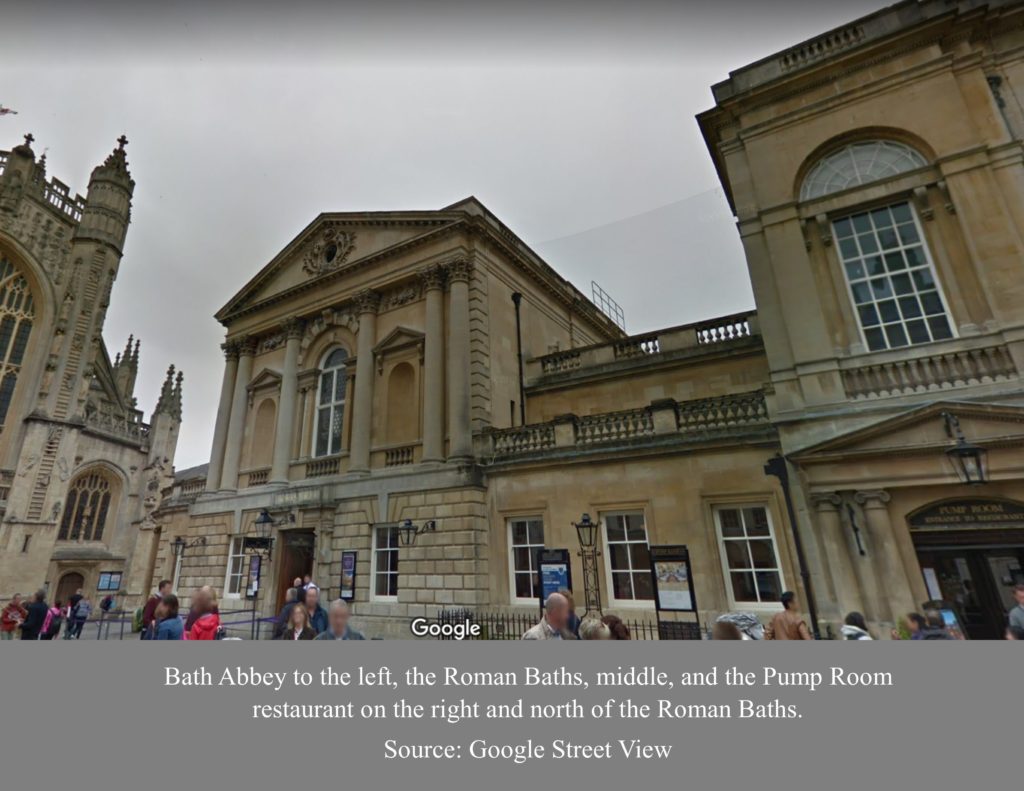Bath Abbey, the Roman Baths and the Pump Room restaurant--the last of which was possibly the site of the temple to Minerva