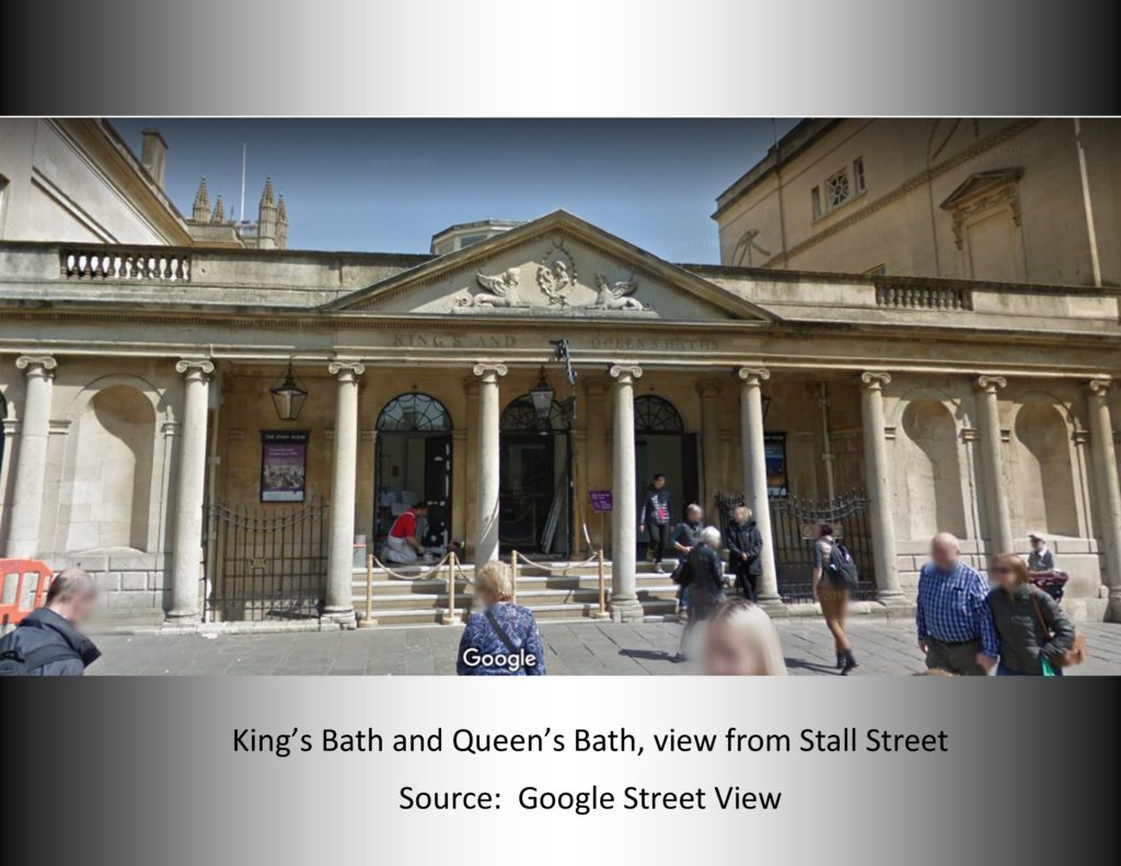 View of entrance to the King's Bath and the Queen's Bath from Stall Stree, Bath, UK
