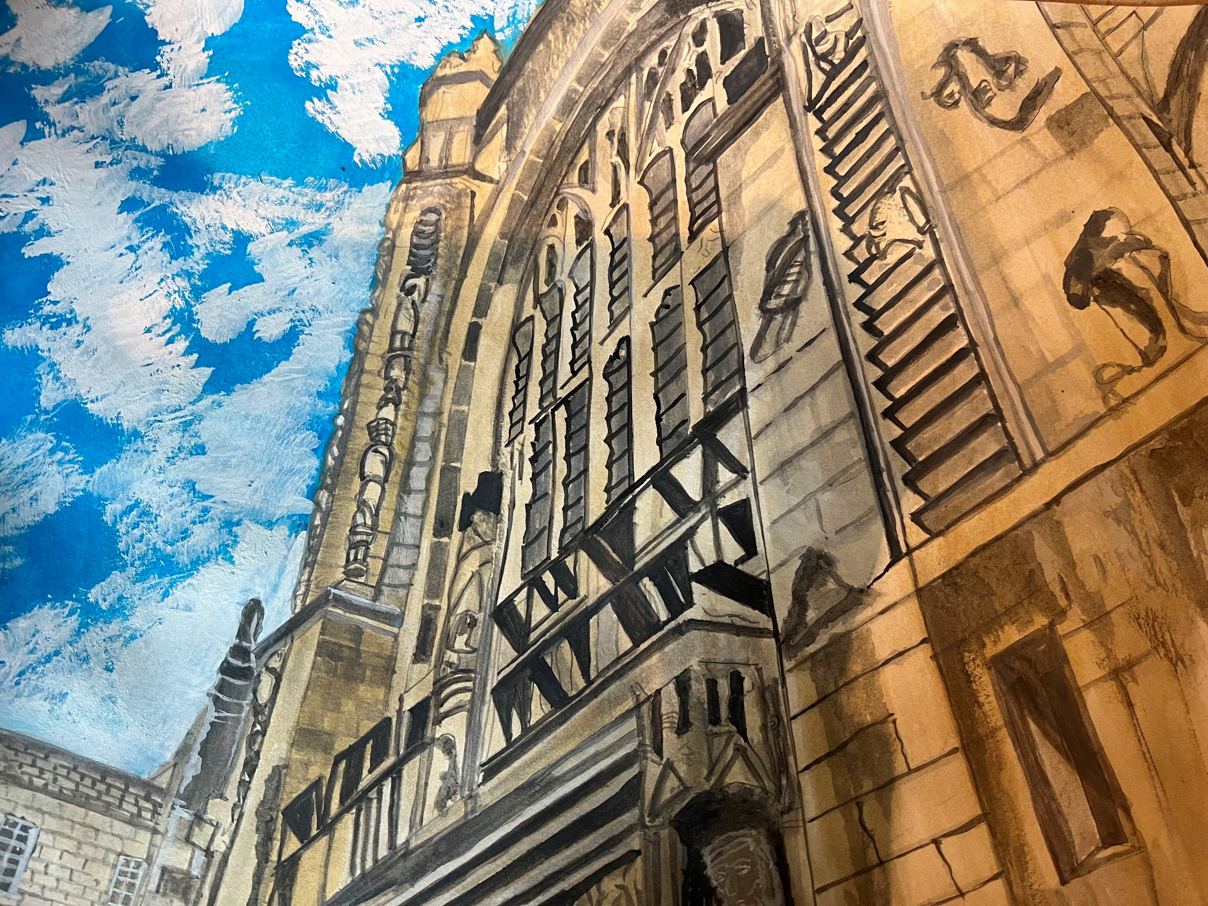 My painting of the west front of Bath Abbey Church in England