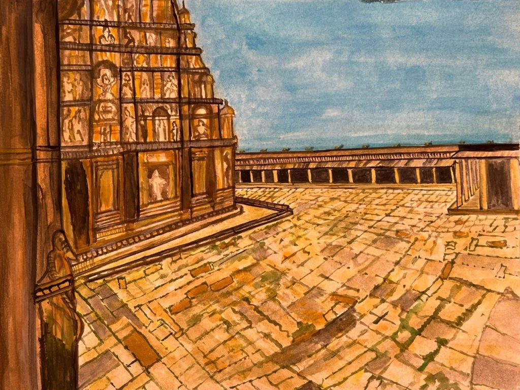 My painting of the courtyard and main shrine of the Airavateshwar Temple of ancient India
