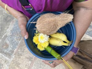Flowers, fruit and coconut are offered at the temple