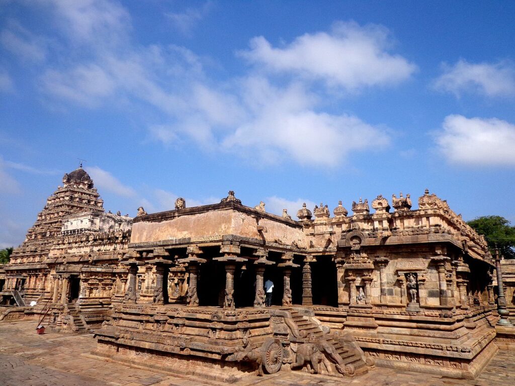 The mandapam--pillared hall--approach to the Airavateshwar temple, along with the chariot and horse that holds up the base