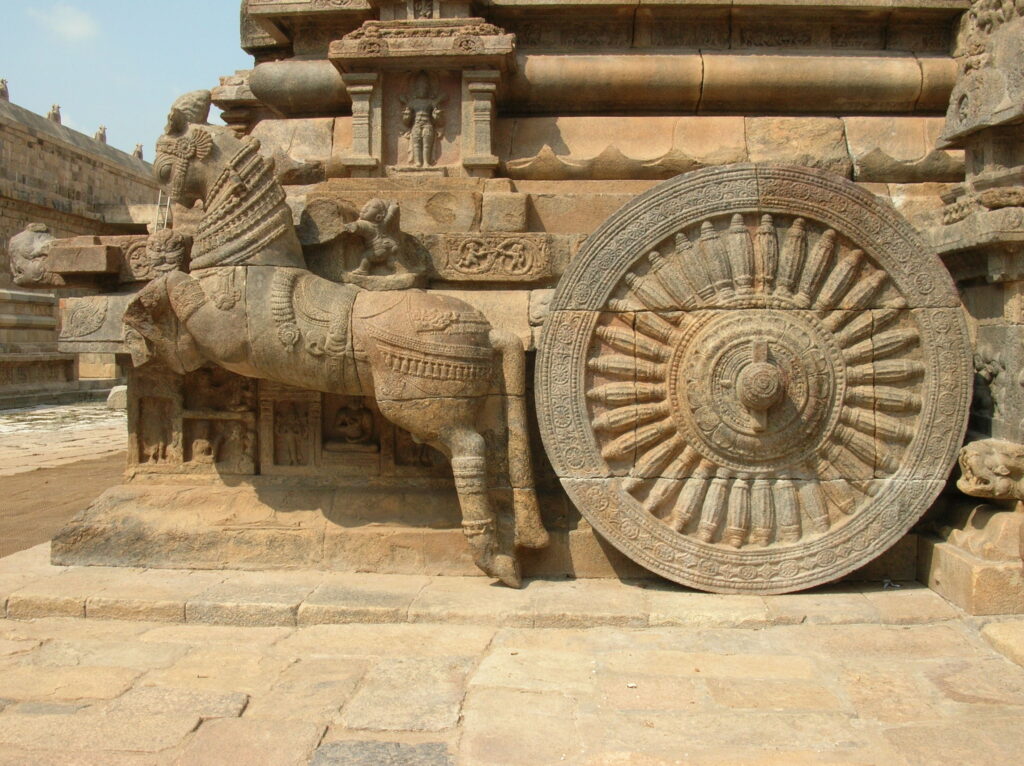 The Chola dynasty Airavateshwar Temple, horse and chariot carving, built by the Later Cholas