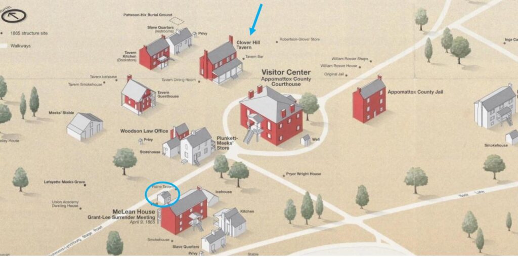 Appomattox Court House Park map showing the Clover Hill Tavern and the Raine Tavern