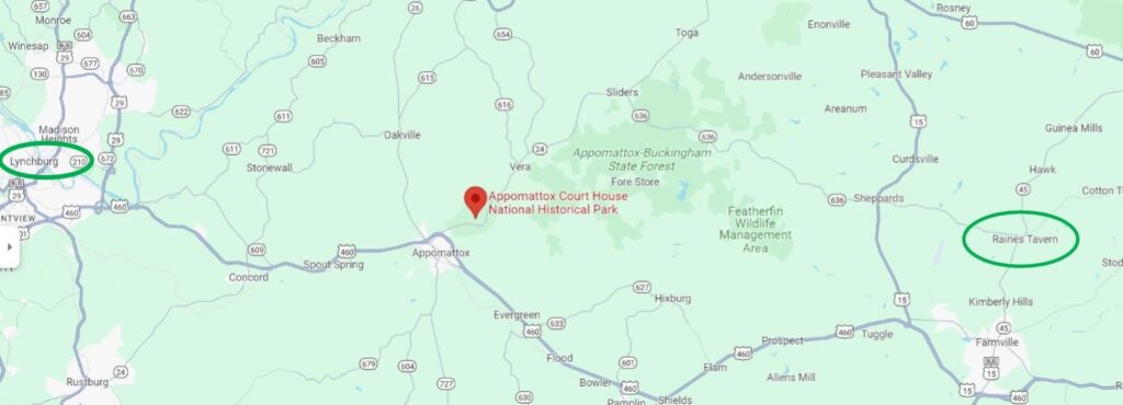 Map showing Raine Tavern on the right, Appomattox Court House in the middle and Lynchburg on the left.