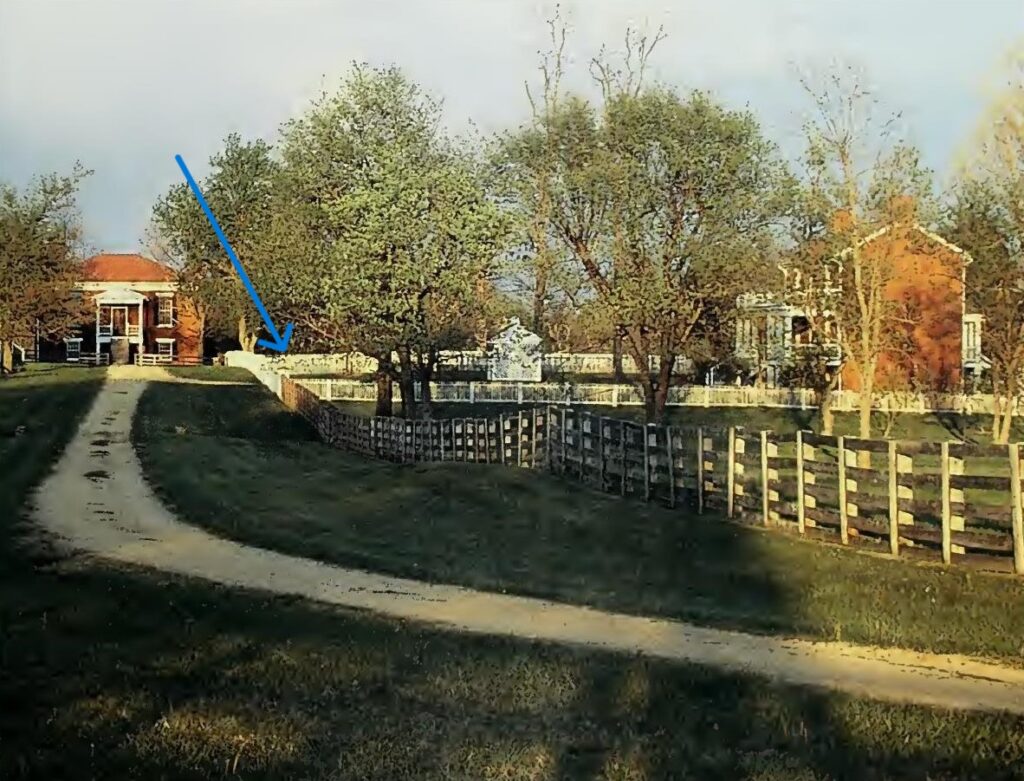 The blue arrow marks the site of the Old Raine Tavern, which Wilmer McLean possibly offered as a first meeting place for Grant and Lee.