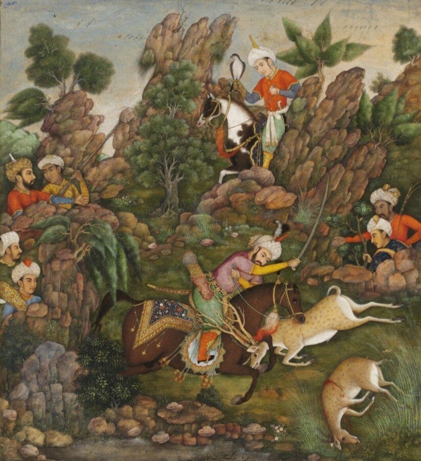 Emperor Humayun of the Mughal Empire in India, hunting with his half-brother, Kamram.