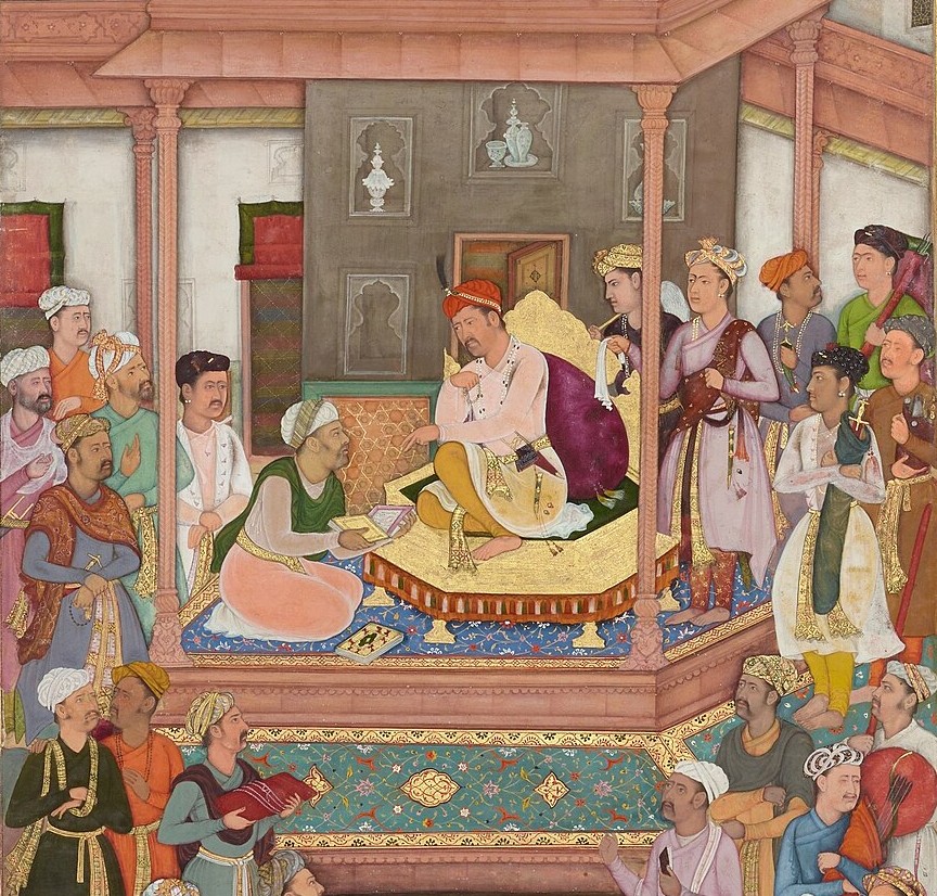 Abul Fazl presenting the Akbarnama to Emperor Akbar.
