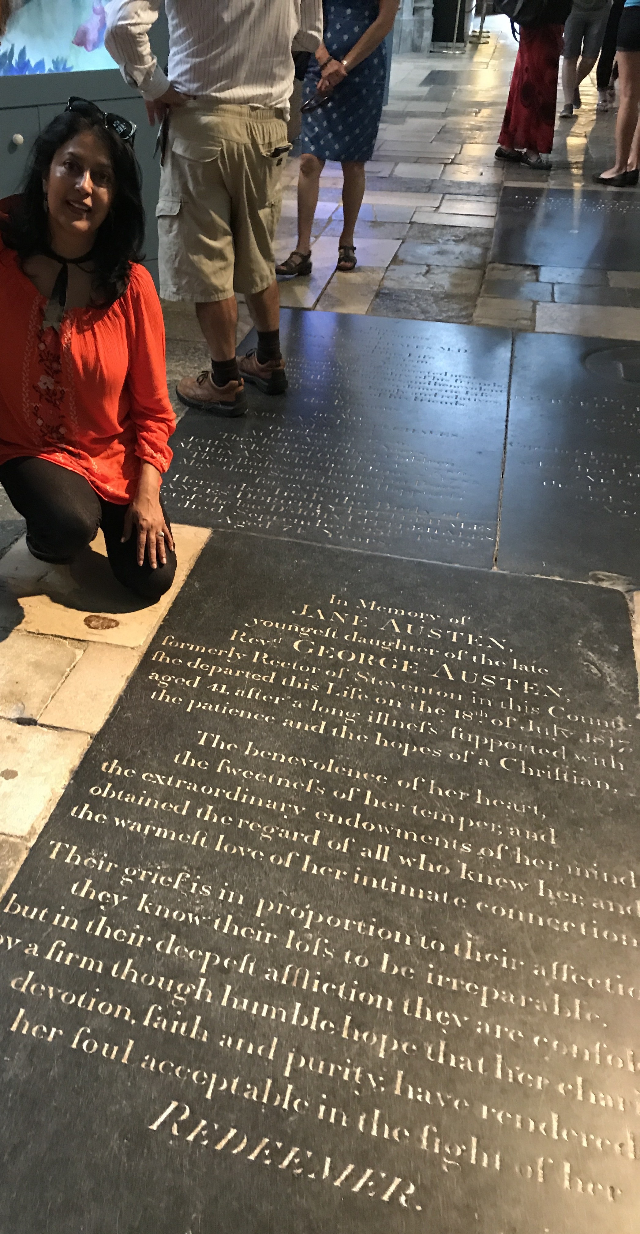 Jane Austen's gravestone in the north aisle of Winchester Cathedral, built jus after the Norman Conquest of England.