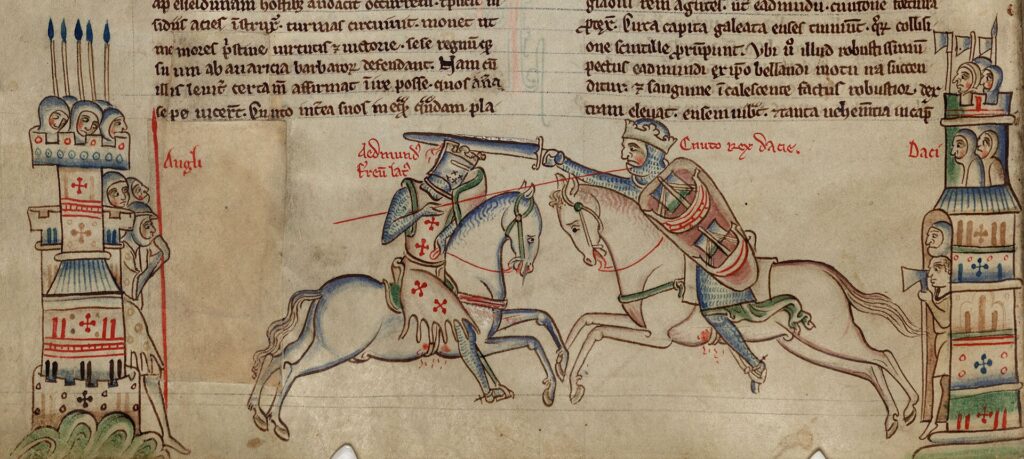 Edmund Ironside and Canute, both kings of England, in battle with each other.