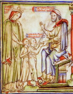 Emma of Normandy, presenting her two sons, Alfred and Edward, to her brother, the Duke of Normandy. Emma's marriage to King Ethelred was the spark that inspired the Norman Conquest.