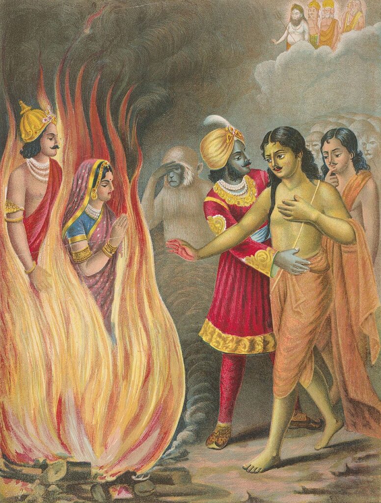 From the Hindu epic, the Ramayana: Sita is forced to undergo a trial by fire on the battlefield after her husband rescues her.