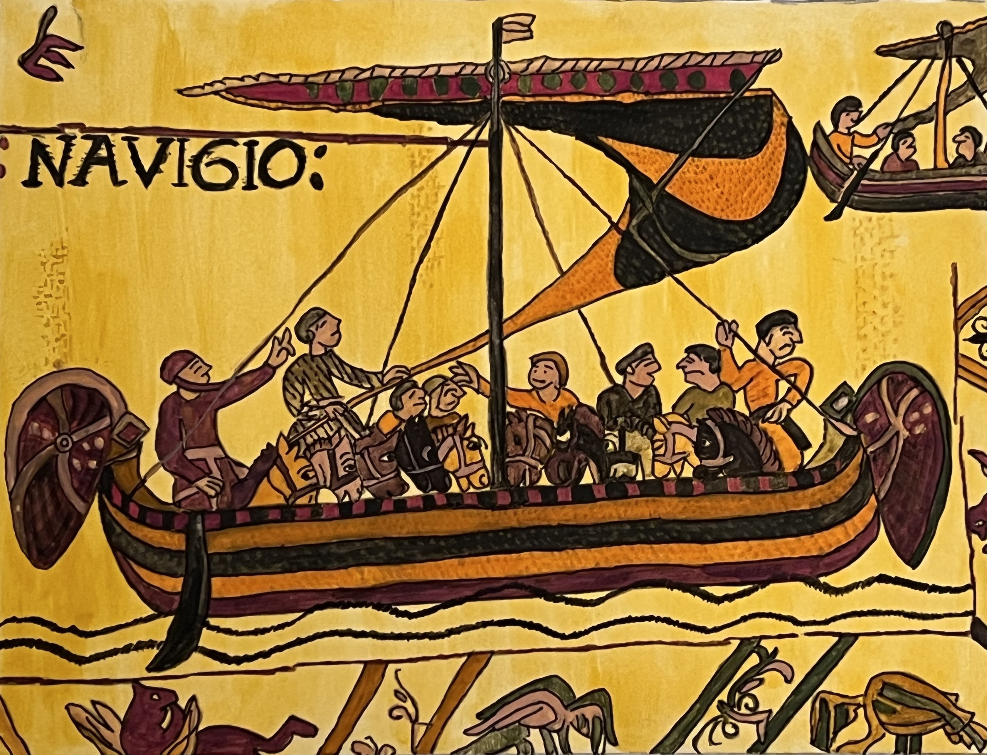 My painting of a part of the Bayeux Tapestry, showing William on his way to England to accomplish the Norman Conquest.