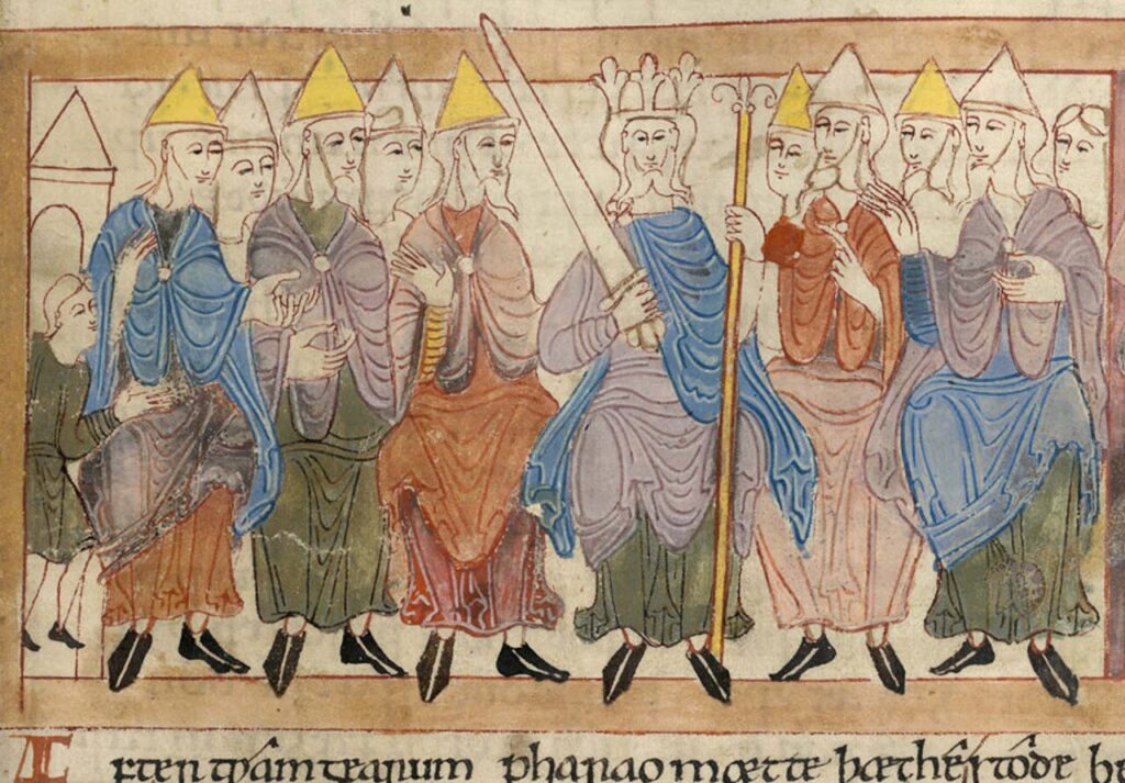An Anglo-Saxon king surrounded by the Witan, the Wise Men who were both king-makers and councilors.