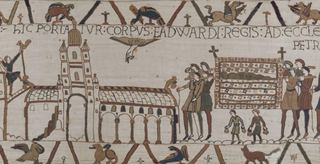 Edward the Confessor's body being taken into Westminster Abbey for burial.