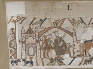 The first scene in the Bayeux Tapestry with the left hand embroidery to show the beginning of the story.