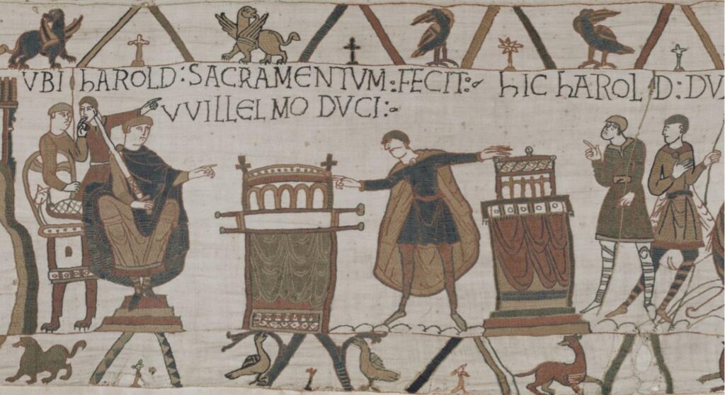 Harold, swearing with his hands on holy relics, that he will not grab the English crown after Edward the Confessor.