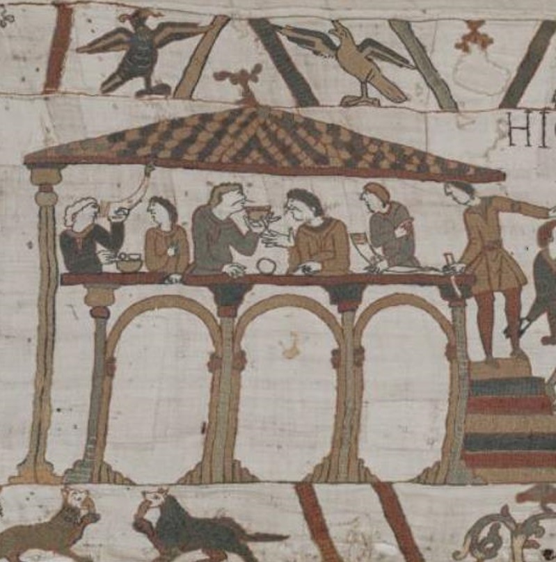 Harold, future king of England, eating his last meal before he sets off for France.