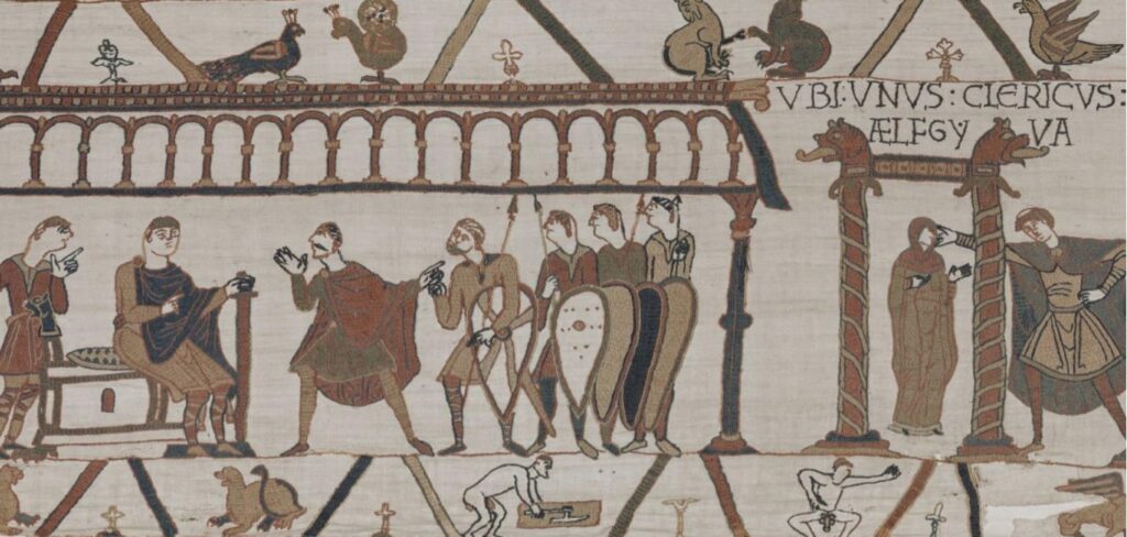 Harold with William the Conqueror--he agrees to betroth himself to William's daughter.