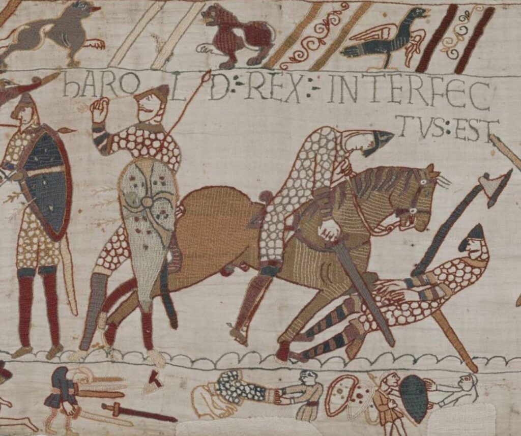 Harold, holding the arrow that pierced his eye--from the Bayeux Tapestry.