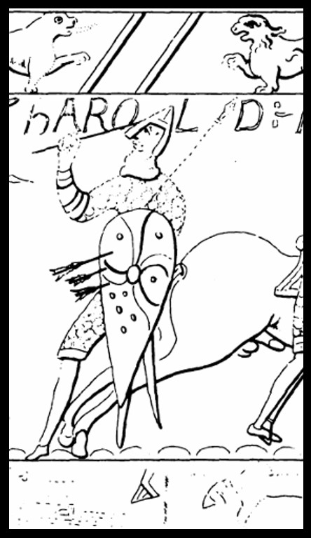 Harold holding the arrow that pierced his eye.