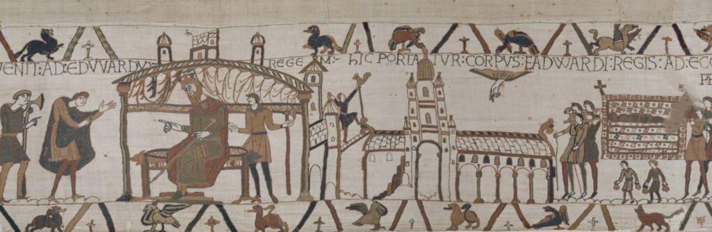 The Palace of Westminster and Westminster Abbey close by--this scene in the Bayeux Tapestry is possibly the first sketch of the Abbey right after it was built by Edward the Confessor.