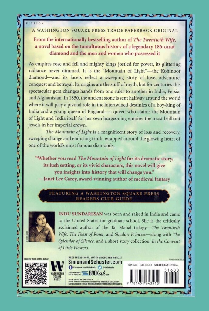 The Back Cover of The Mountain of Light, a novel by Indu Sundaresan