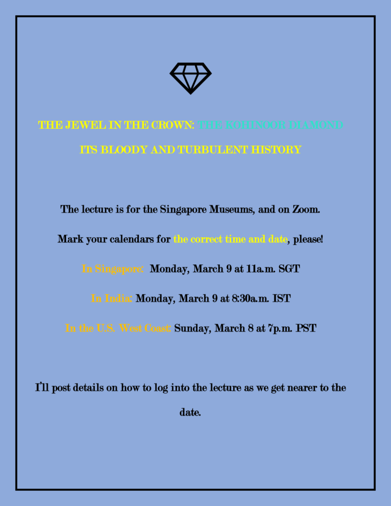 Date and time details of the lecture on the Kohinoor Diamond.