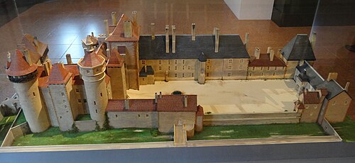 A model of Moulins Castle, the seat of the dukes of Bourbon, to show how it must have looked in its heyday