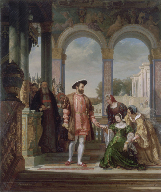 Diane de Poitiers, kneeling in front of Francois I and pleading for her father's life.