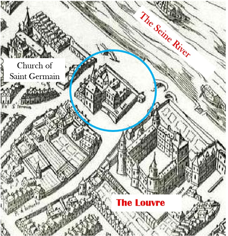 A 1609 map of Paris with the Hotel de Bourbon where Diane de Poitiers was married and the Louvre palace.