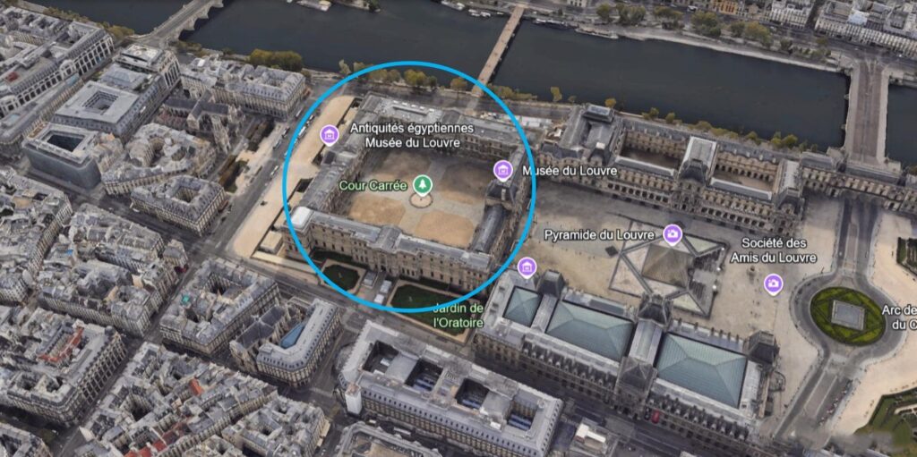 A Google earth image of the site of the Hotel de Bourbon today, which is part now of the Louvre Museum.